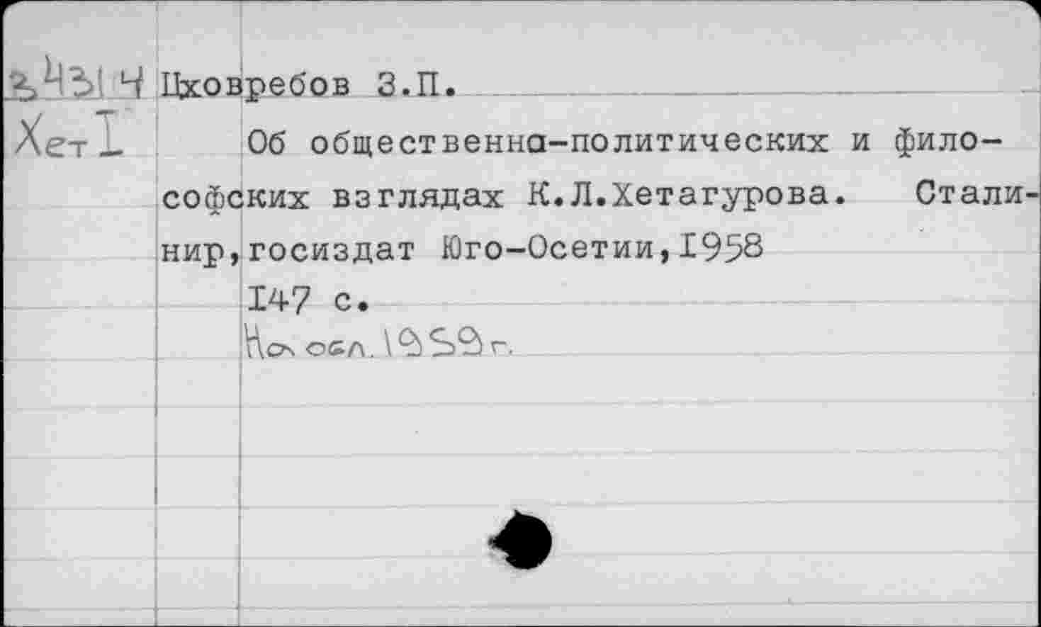 ﻿Цховребов З.П.
Об общественно-политических и философских взглядах К.Л.Хетагурова. Стали нир,Госиздат Юго-Осетии,1958
147 с.
евл.^ЗЗг.